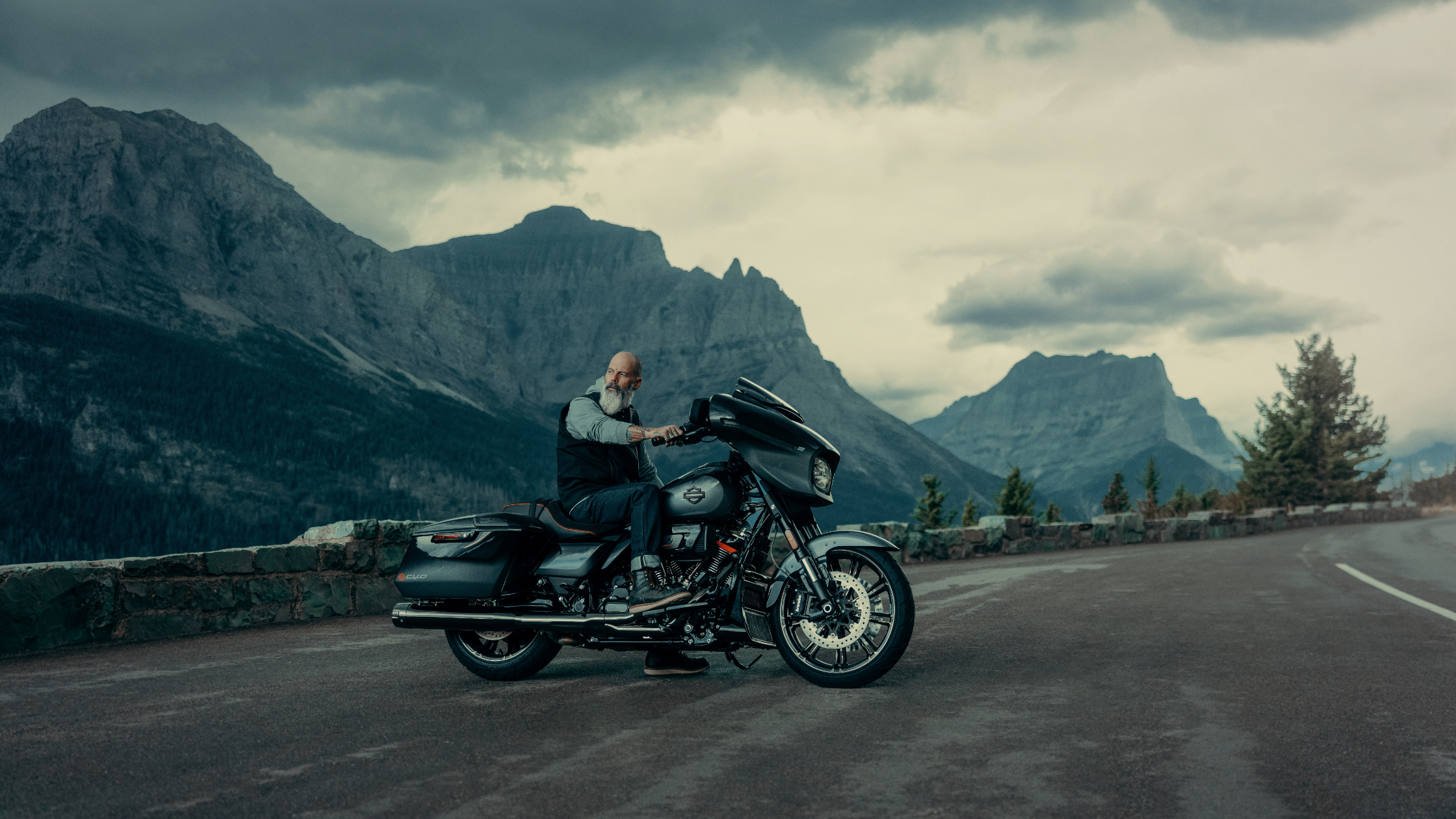 Bearded rider on a 2025 Harley-Davidson CVO Street Glide parked on a scenic mountain road under cloudy skies.