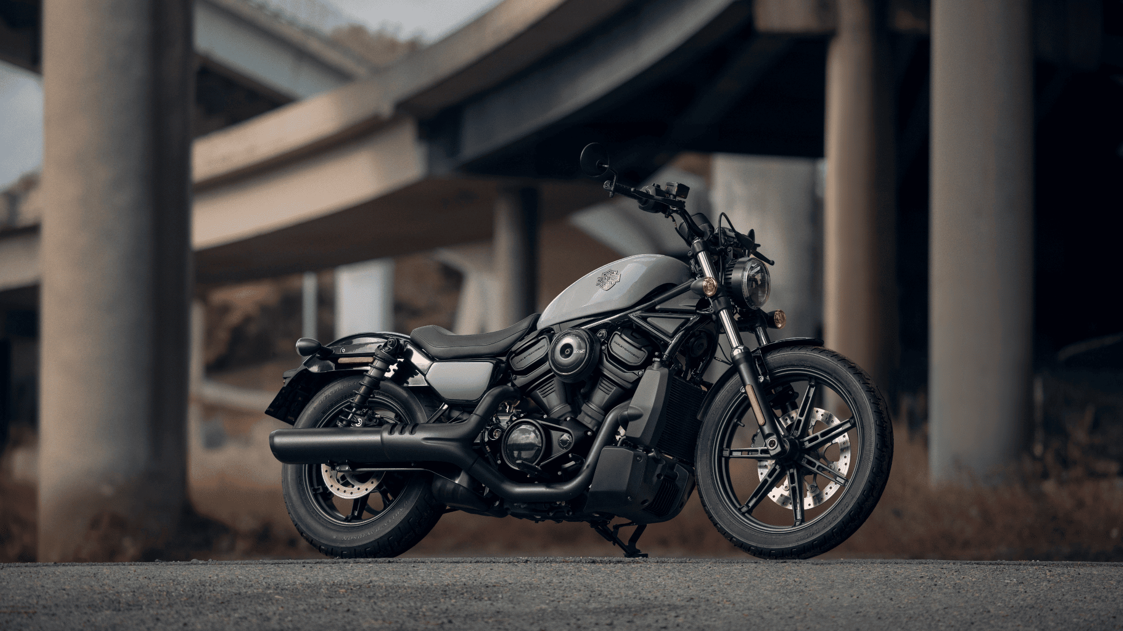 2025 Harley-Davidson Nightster parked under overpass, highlighting sleek frame and modern styling.