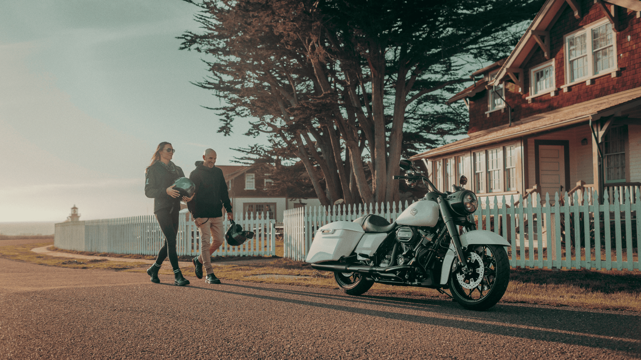2025 Harley-Davidson® Road King® Special parked roadside near coastal homes with hard saddlebags.